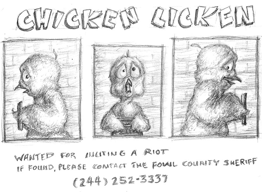 Sketches of Chicken Licken posing for mugshots