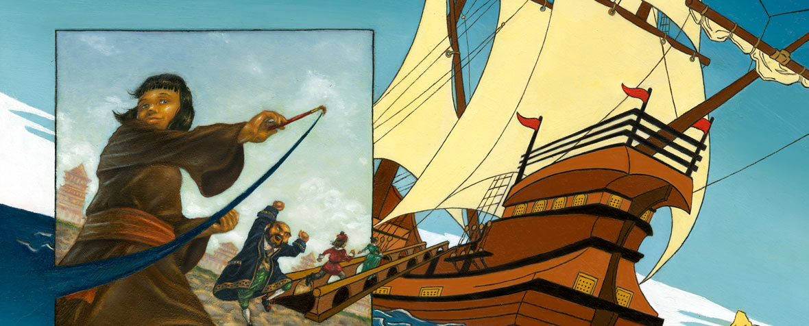 Detail of an illustration of a girl painting a beautiful ship for the magistrate