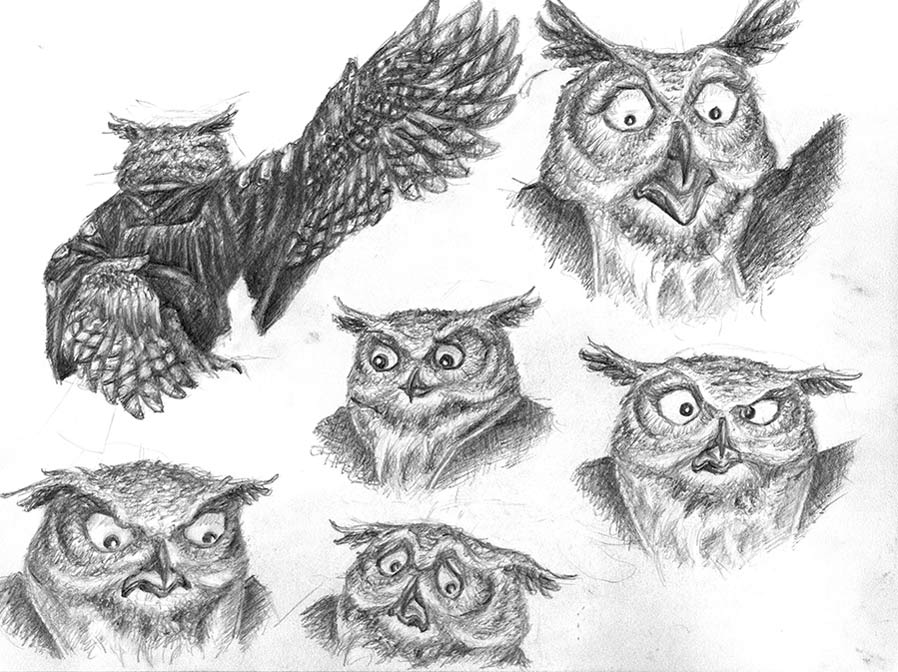 Character model sheet of an owl character with different poses and facial expressions