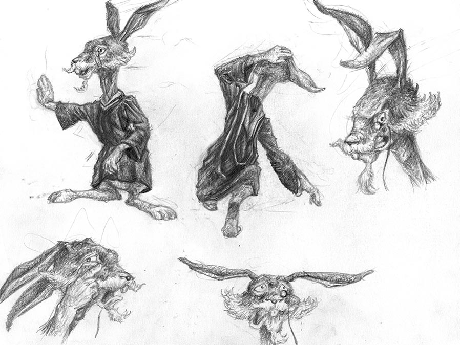 A second character model sheet of a rabbit with different poses and facial expressions