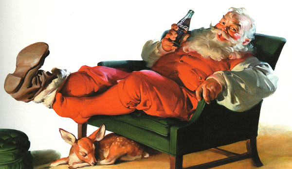 Haddon Sundblom's Coca-Cola Santa relaxing by his fireplace