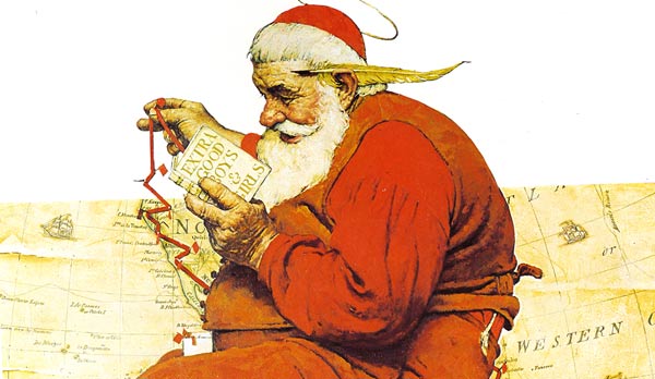 Norman Rockwell's Santa charting his course for Christmas Eve