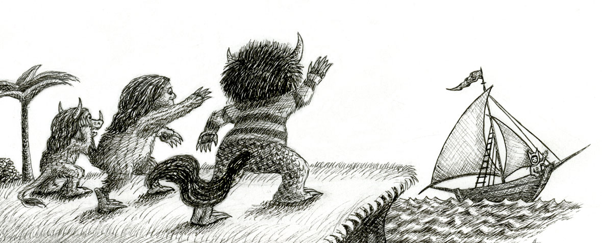 A detail of a drawing of the wild things waving goodbye to Max