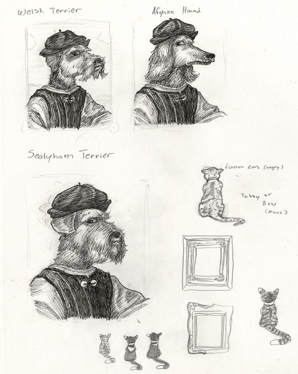 Sketches of dog faces influenced by a Raphael portrait