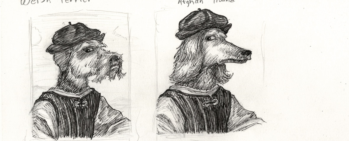 Detail of sketches of dog faces influenced by a Raphael portrait