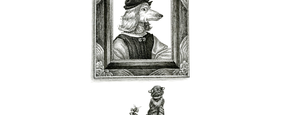 Detail of an illustration of a cat and mouse looking up at a portrait of a dog