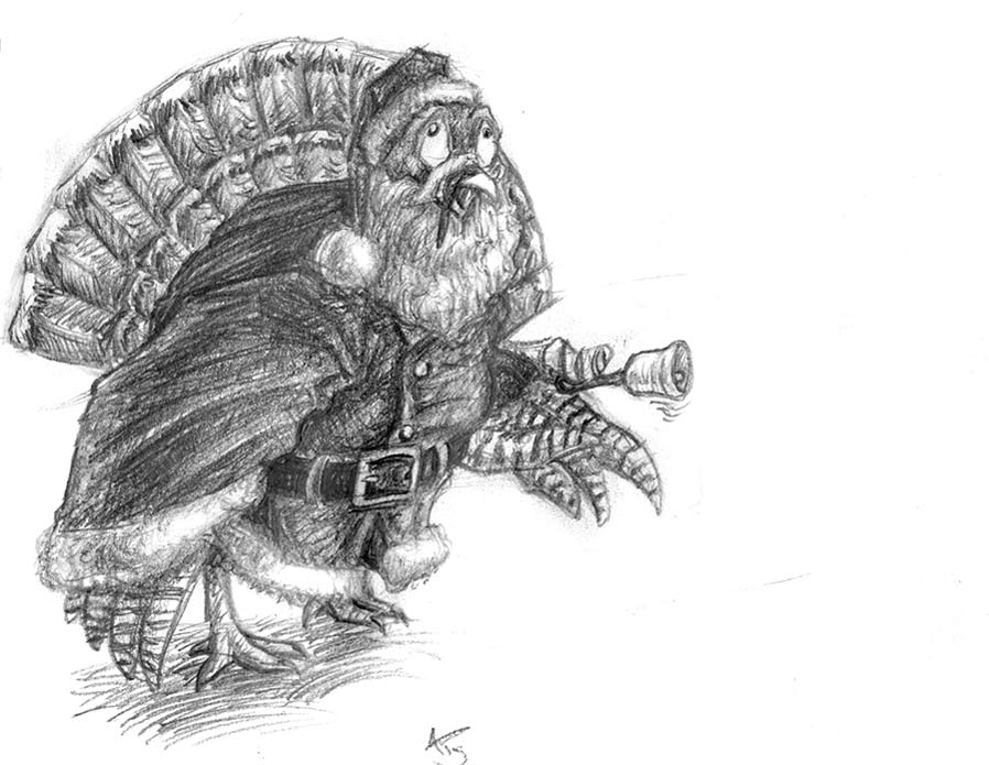 A turkey dressed up in a Santa outfit, jingling a bell