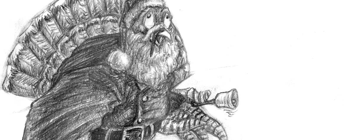A detail of a sketch of a turkey dressed up in a Santa outfit, jingling a bell