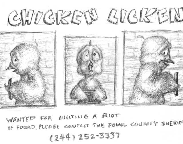 Sketches of Chicken Licken posing for mugshots