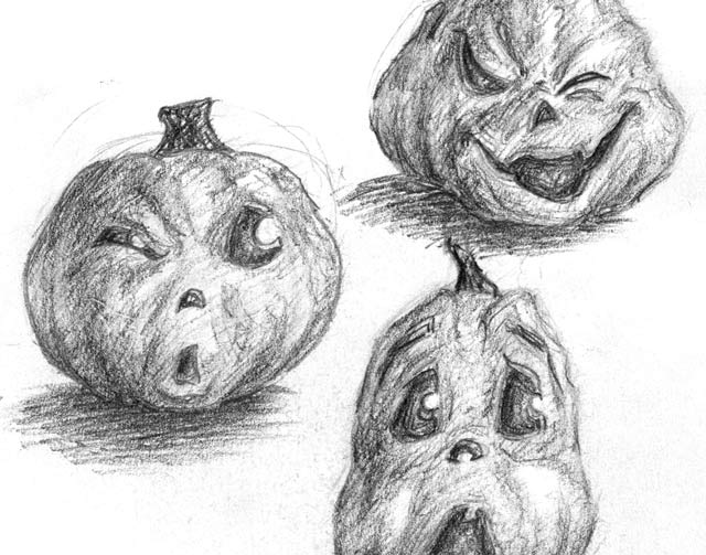 3 different jack-o-lanterns making facial expressions