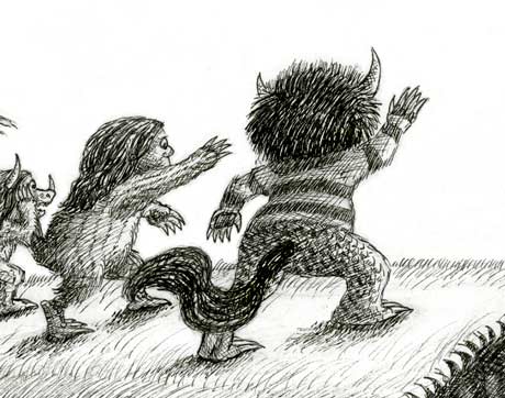 A drawing of the wild things waving goodbye to Max