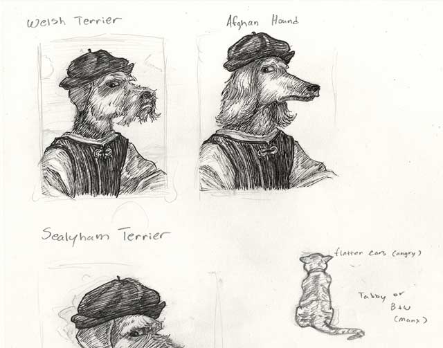 Sketches of dog faces influenced by a Raphael portrait