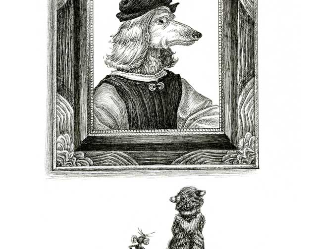 A cat and mouse look up at a portrait of a dog