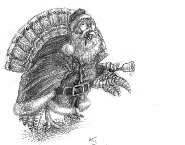 A turkey dressed up in a Santa outfit, jingling a bell