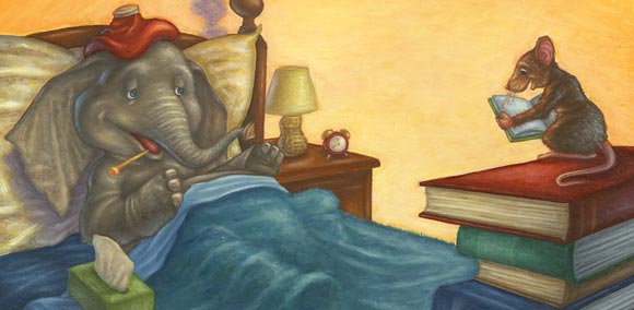 A mouse reads to his sick elephant friend