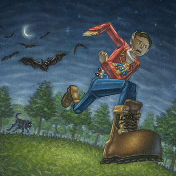 Cardboard Man runs from possessed bats and the wolf-like form of the Glete