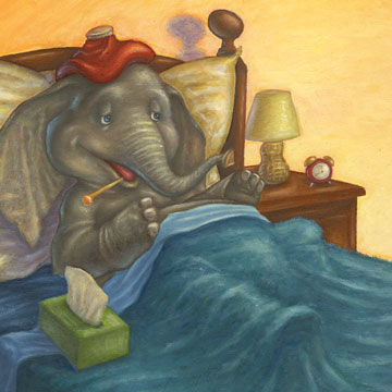 A mouse reads to a sick elephant